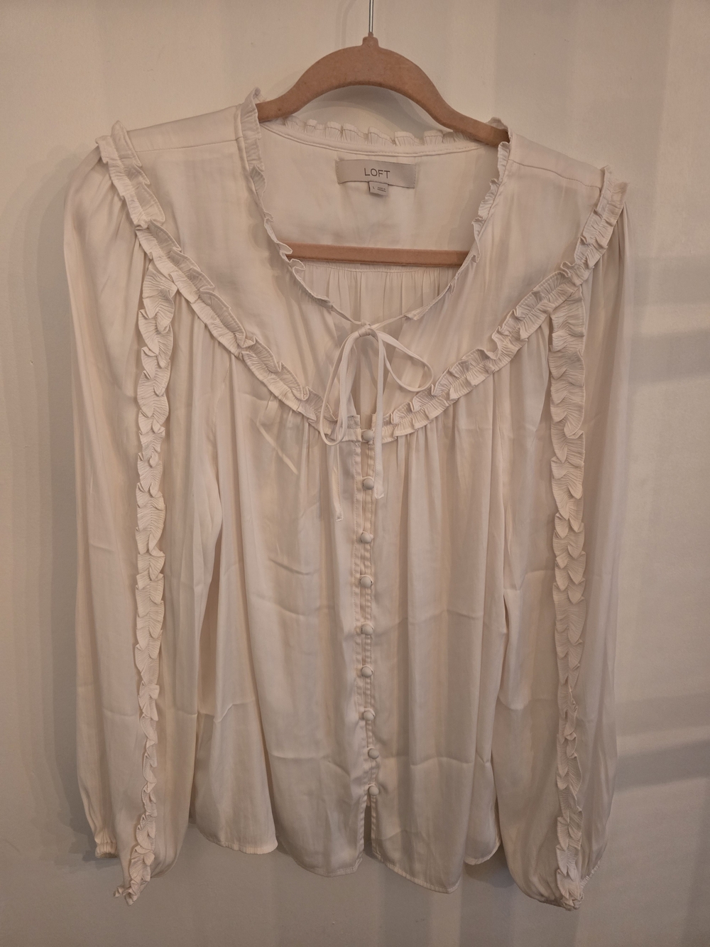 LOFT Ivory Ruffle-Trim Button-Front Blouse